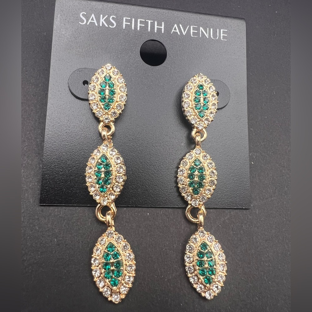 New Saks Fifth Avenue Gold and green Crystal Earrings